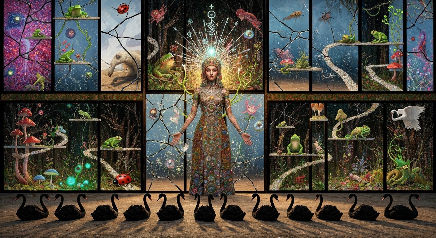 Mystical Shaman in Mirror Labyrinth with Cosmic Surrealism