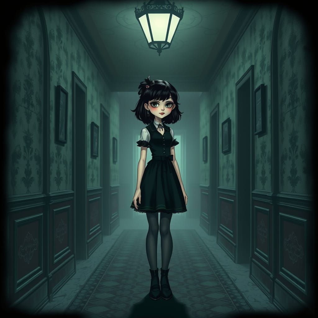Gothic Lydia Deetz in a Victorian Hallway