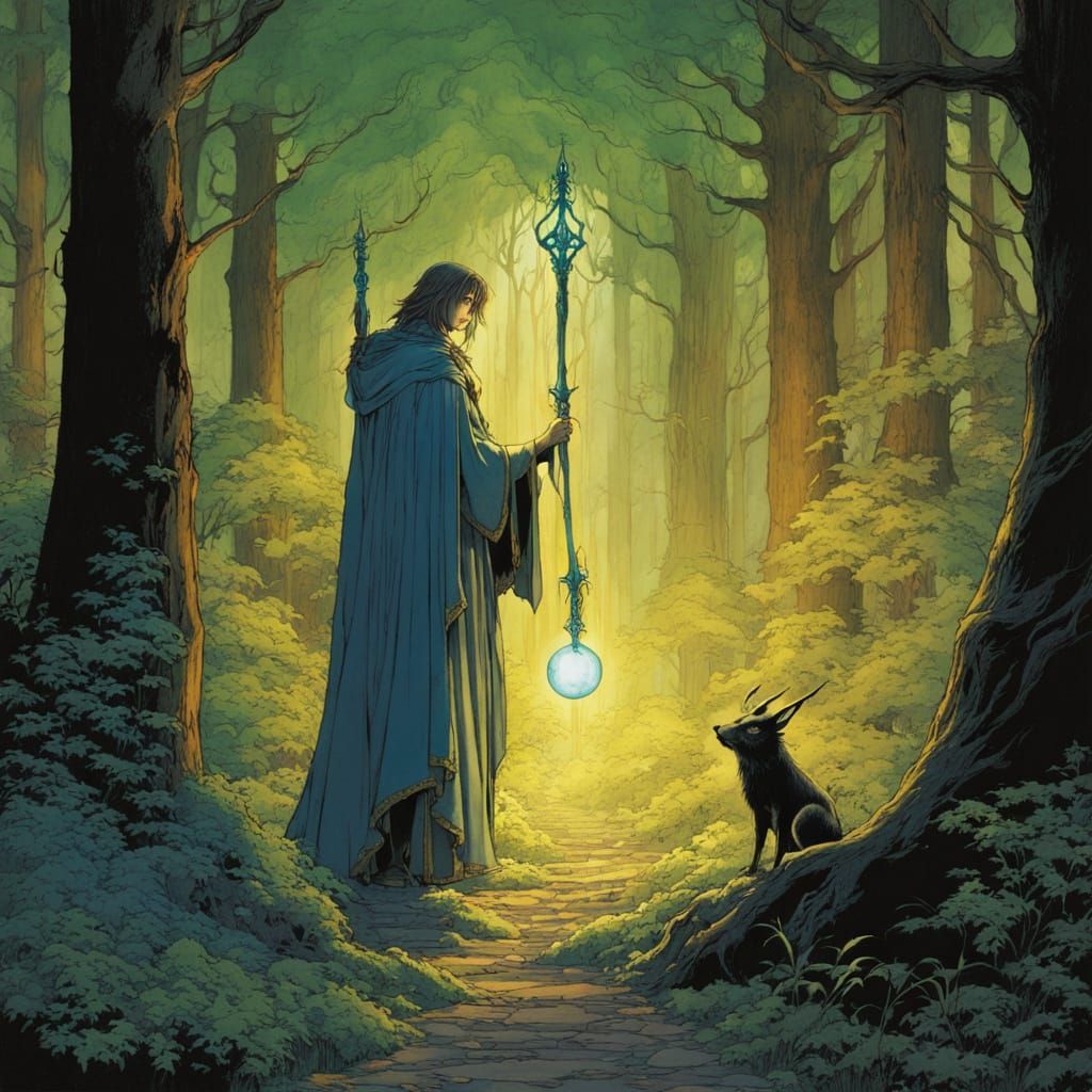 Young Wizard in Forest, Ghibli Style Fantasy