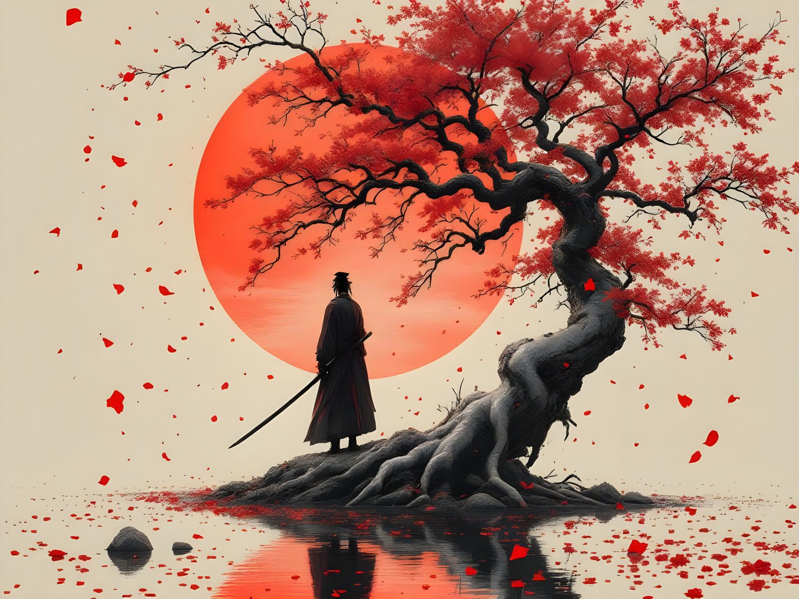 Ronin and Bonsai Tree with Red Sun