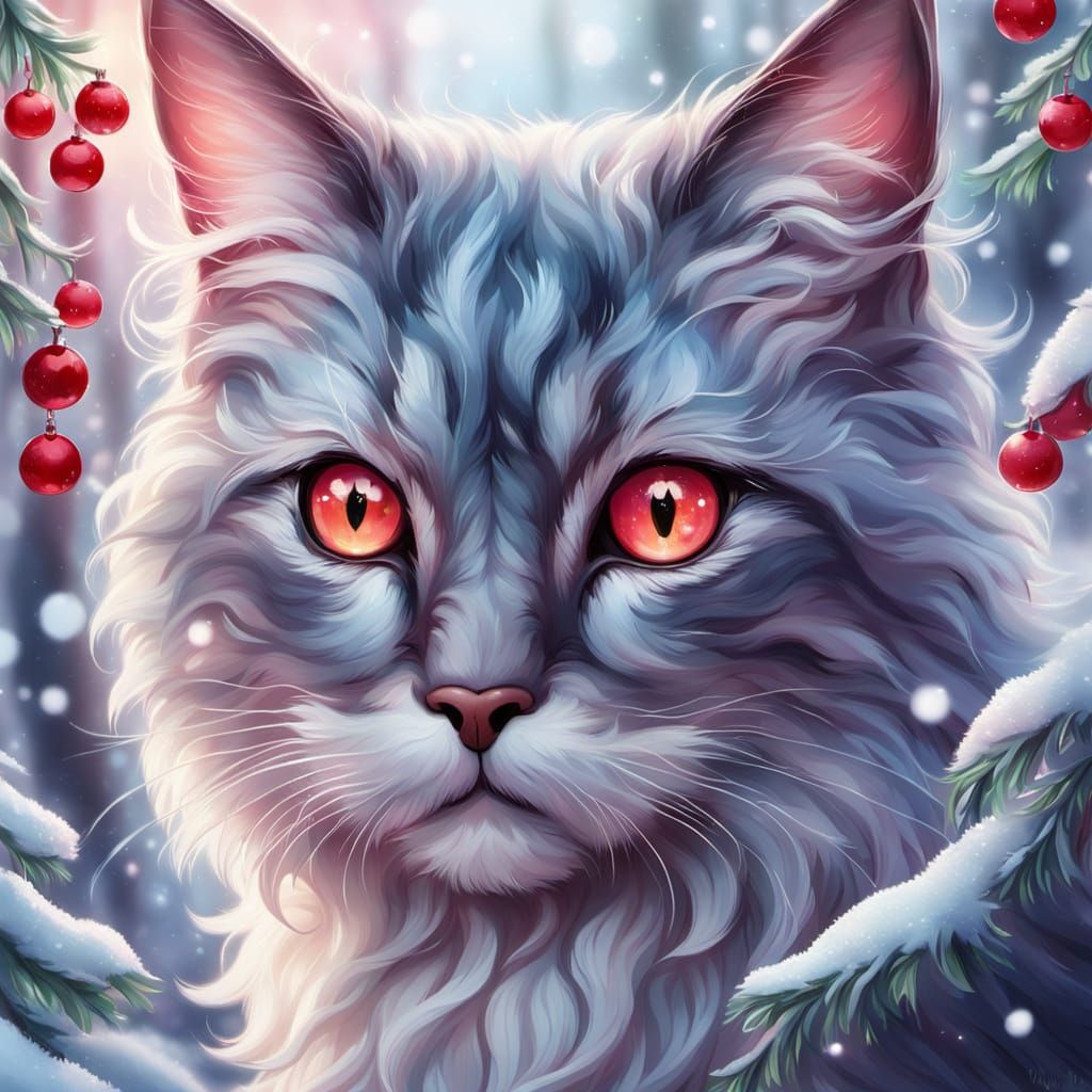 Whimsical Fantasy Cat in Mistletoe Forest