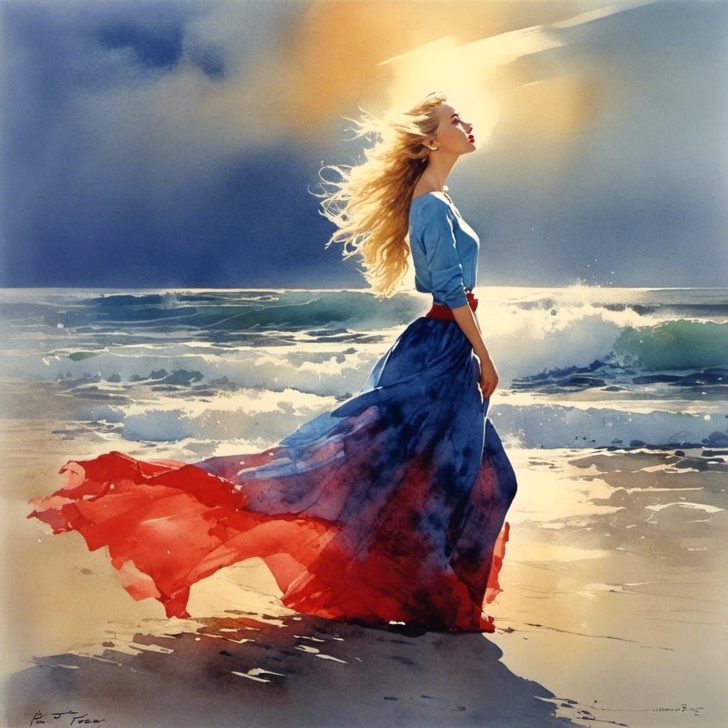 Watercolor Painting of a Blonde Woman on Beach