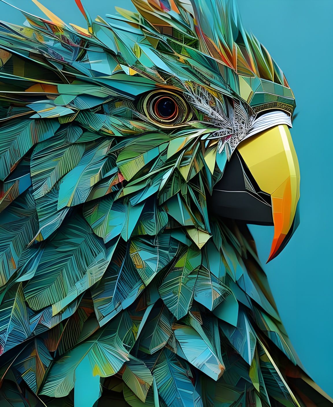 Origami Parrot Sculpture with Golden Filigree