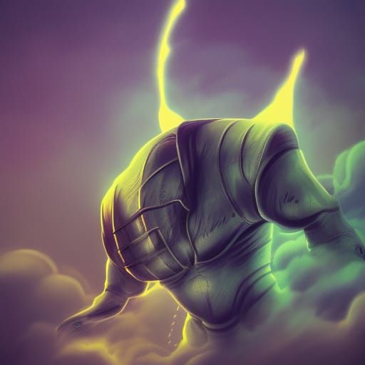 Surreal Devil on Shoulder in a Stormy Cityscape