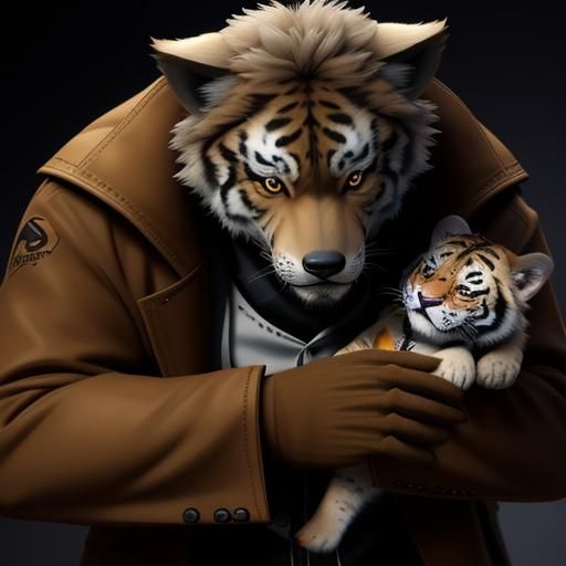 Wolf with Leopard Cub in Anime Style