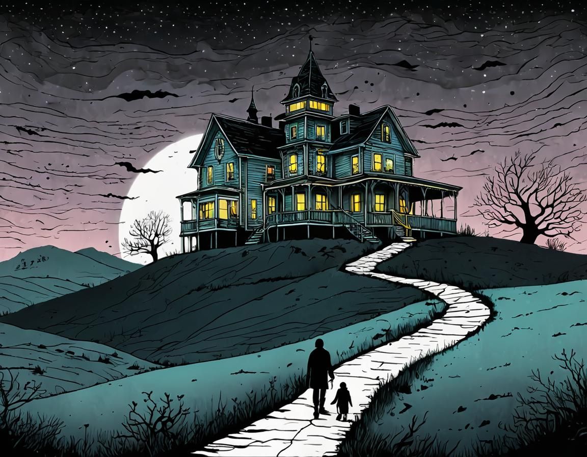 Surreal Haunted House with Ghostly Figures