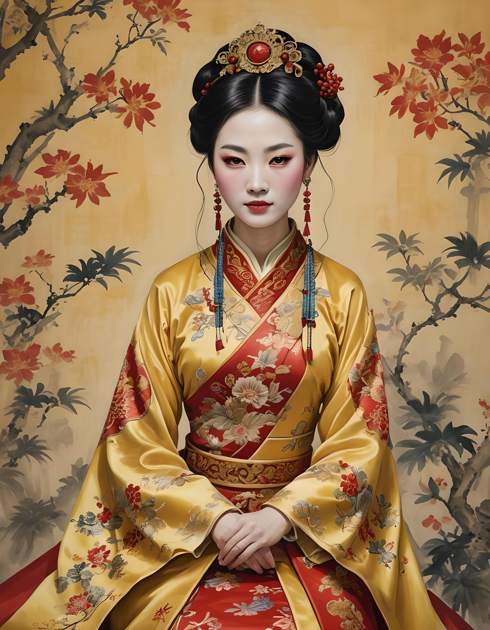 Beautiful Young Chinese Empress Portrait in Traditional Dres...
