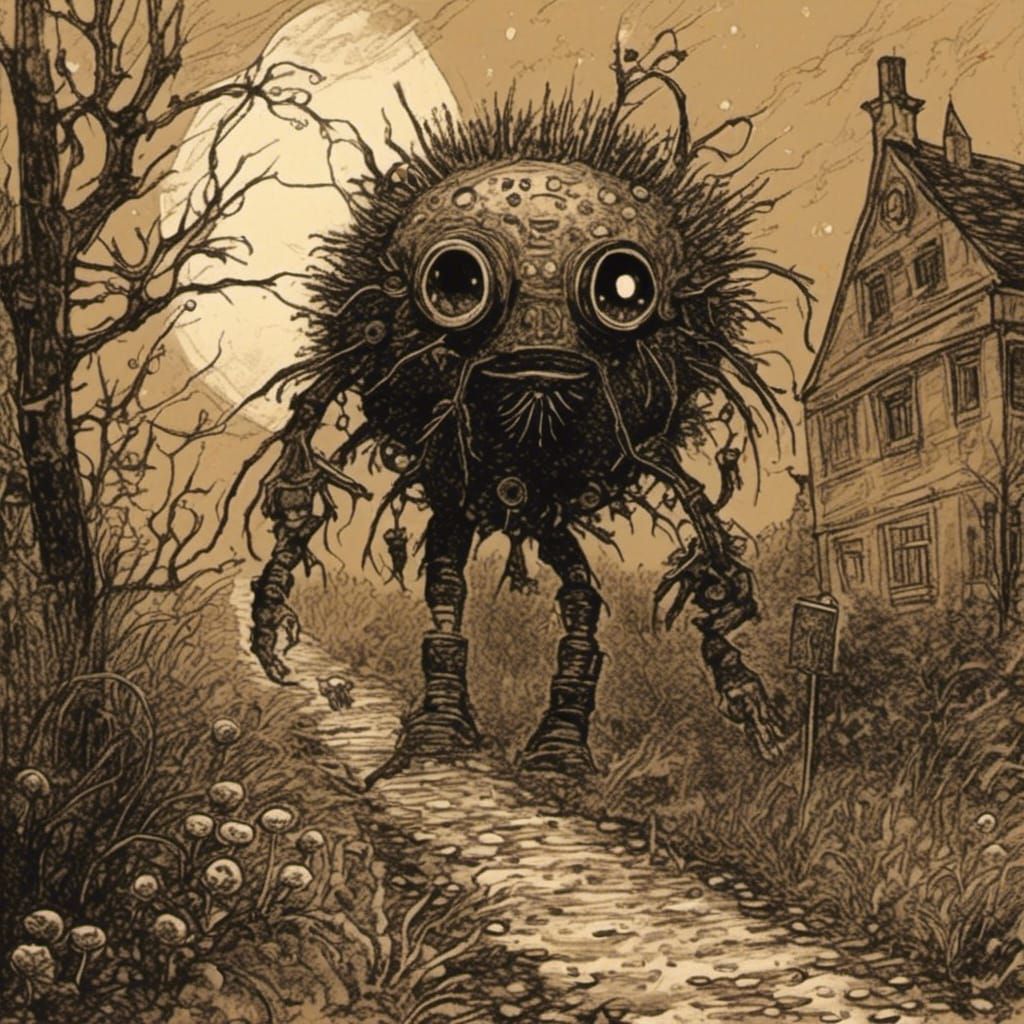 Dark Fantasy Creature's Moonlit Stroll: Risograph Style