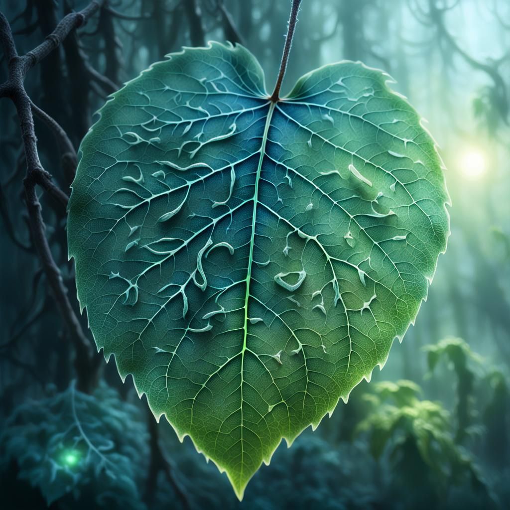 Glowing Runes on Ethereal Green Leaf