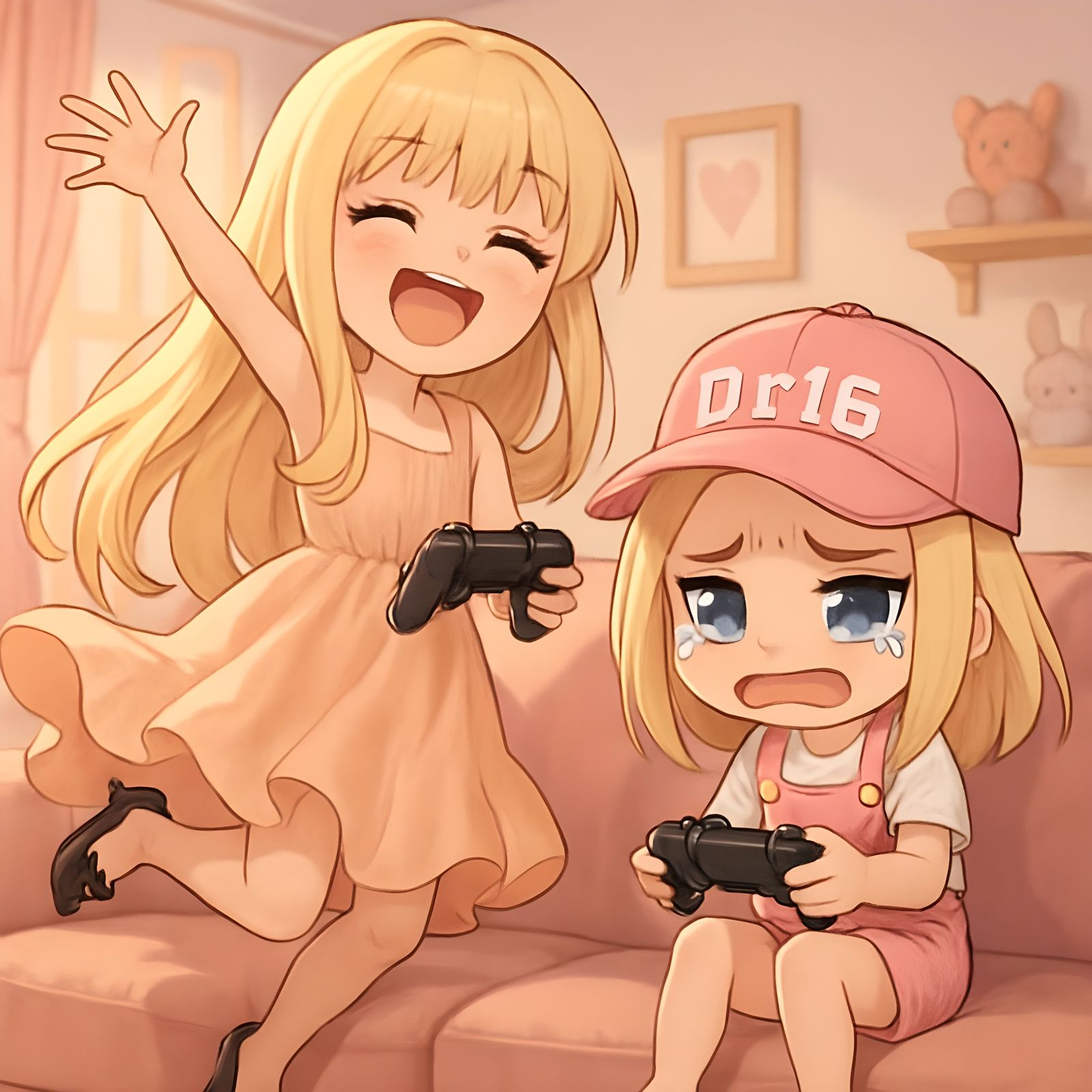Blonde Girls Gaming on Couch with Exaggerated Expressions
