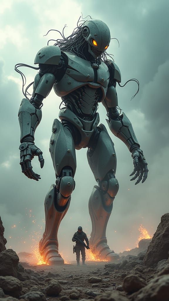 Biomechanical Figure Rises from Apocalyptic Battlefield