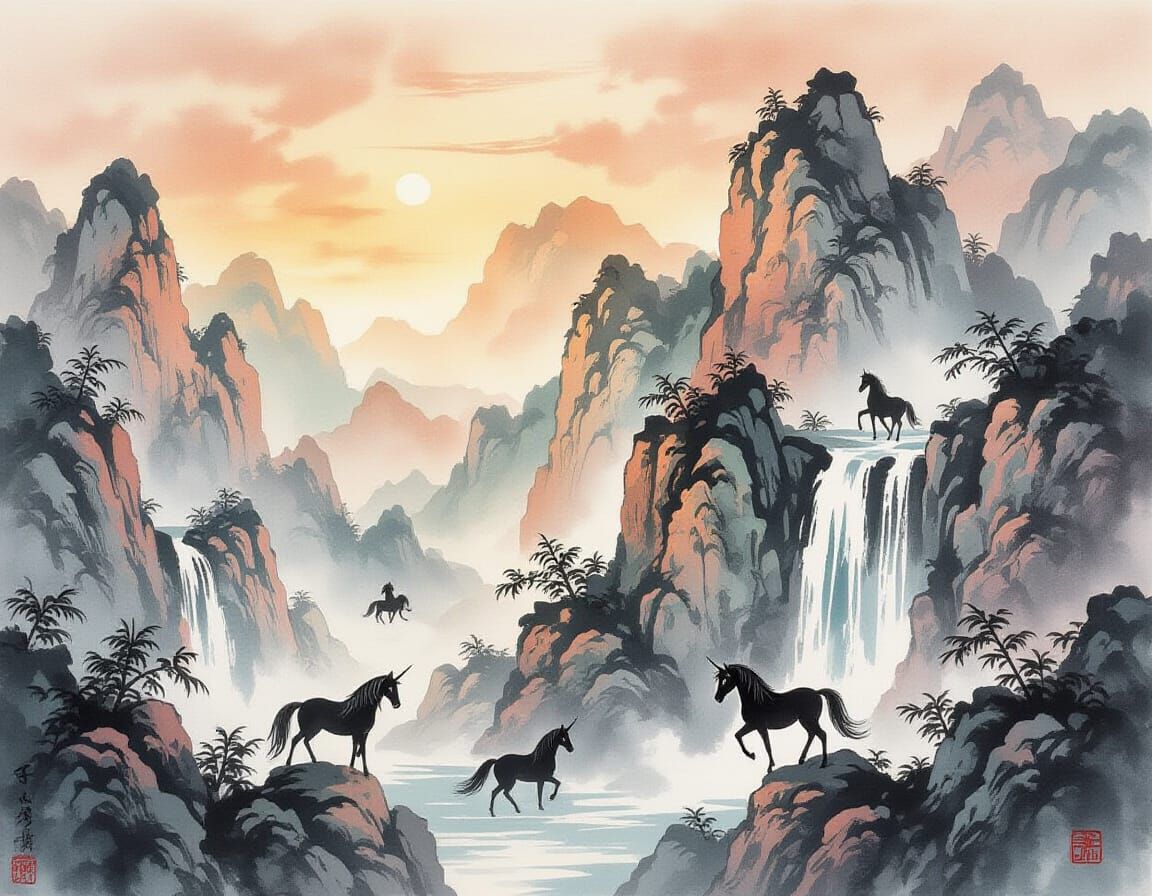 Chinese Ink Painting: Unicorns in Mountain Landscape