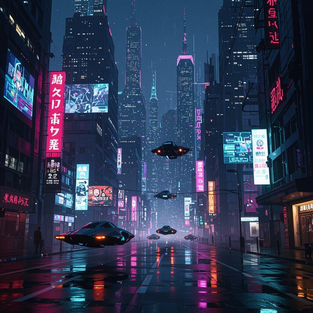 Cyberpunk Cityscape with Neon Lights and Flying Vehicles