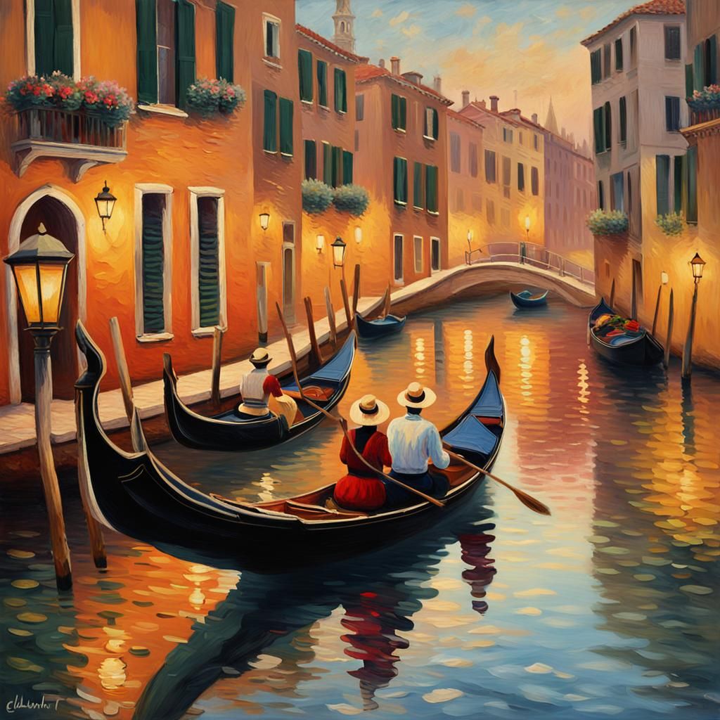Romantic Gondola Ride in Venice, Impressionist Oil Painting