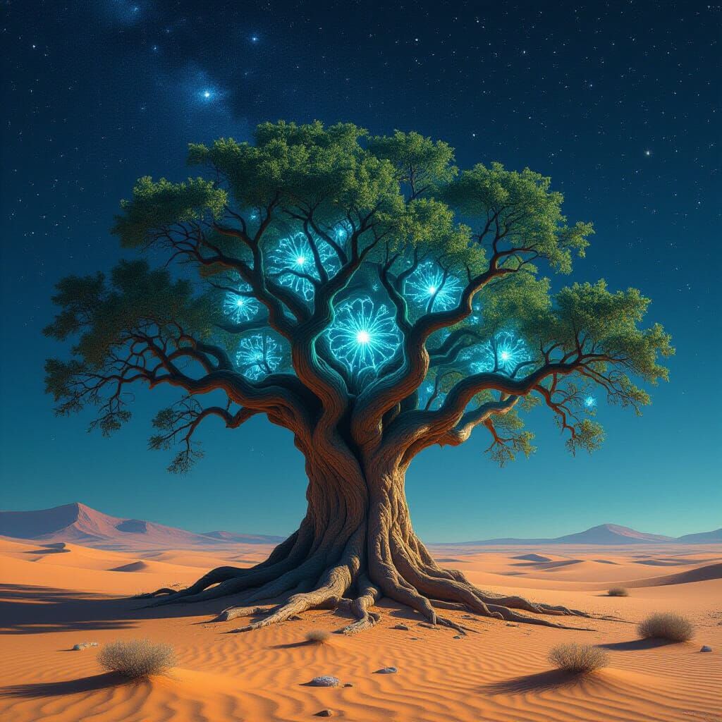 Ancient Bioluminescent Tree in Desert Under Starry Sky