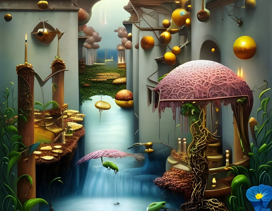 Retrofuturistic Solarpunk Cityscape with Fountains