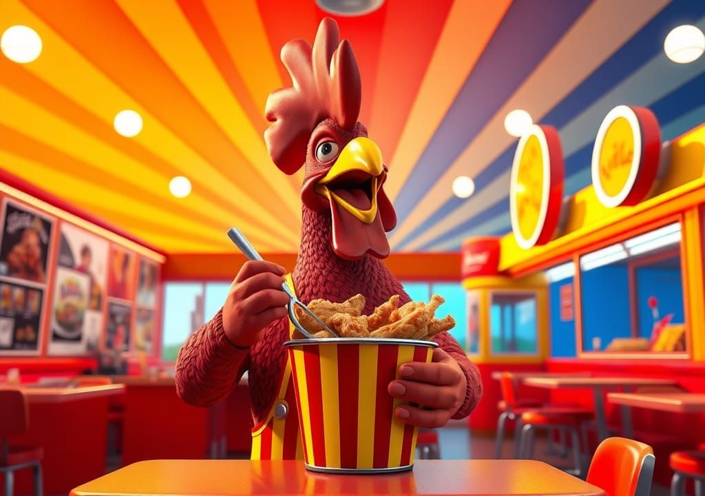 Cartoon Rooster Devouring Fried Chicken in Restaurant