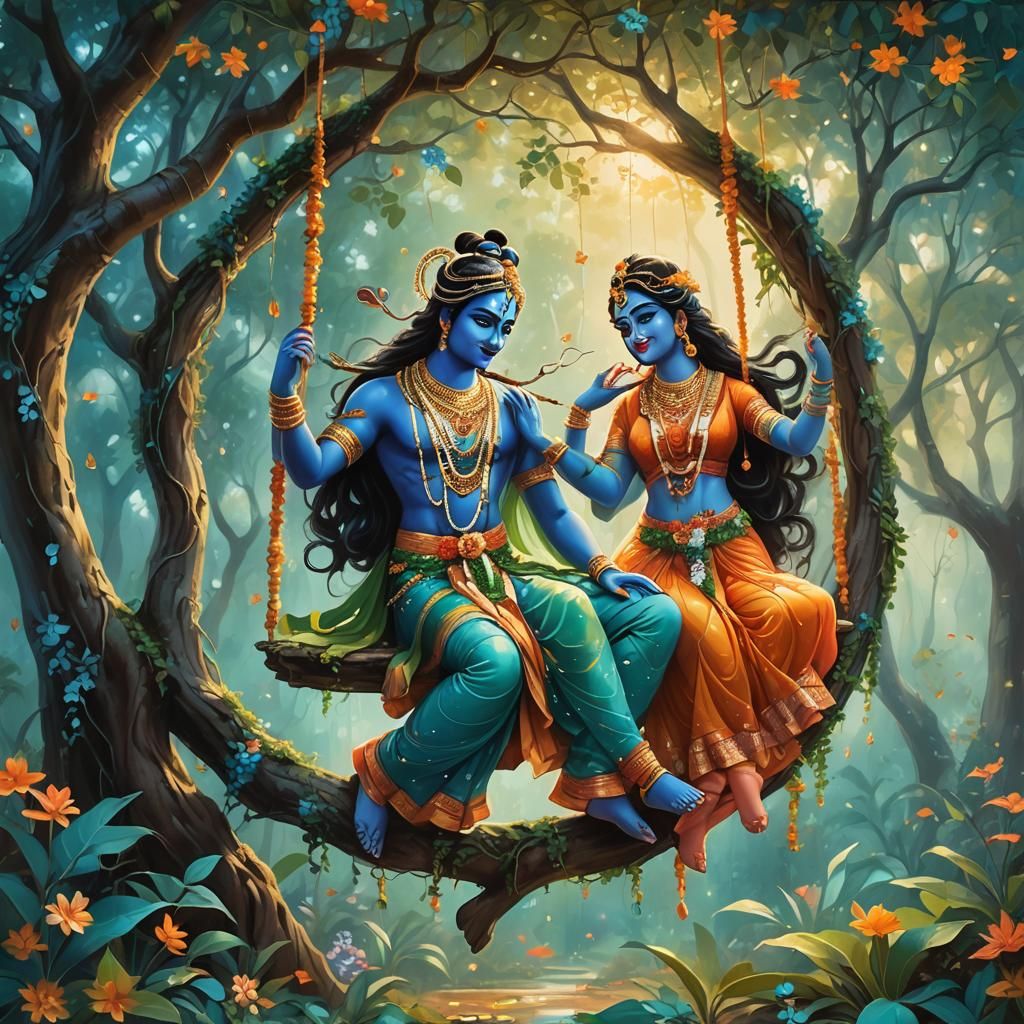 Krishna and Radha on a Swing, Fantasy Oil Painting