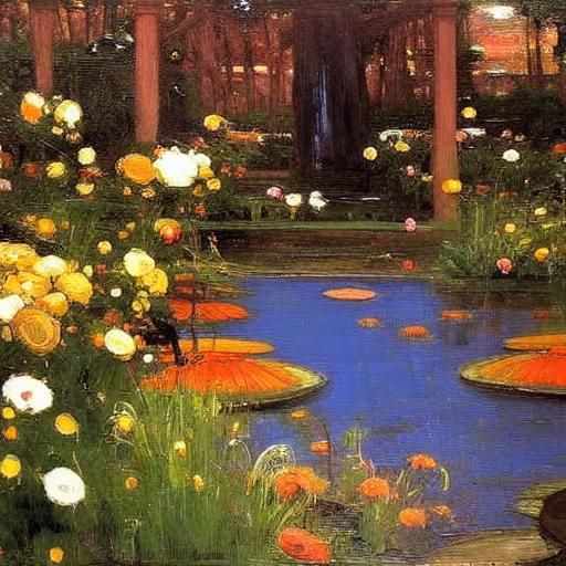 Garden Oil Painting in Pre-Raphaelite Style