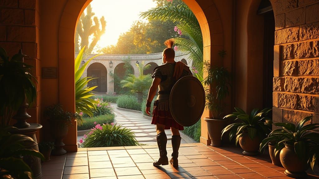 Roman Soldier Finds Serenity in Vibrant Garden Oasis
