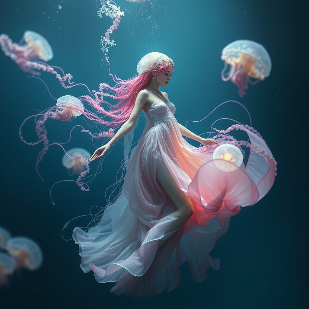Underwater Human-Jellyfish Hybrid in Ethereal Gown