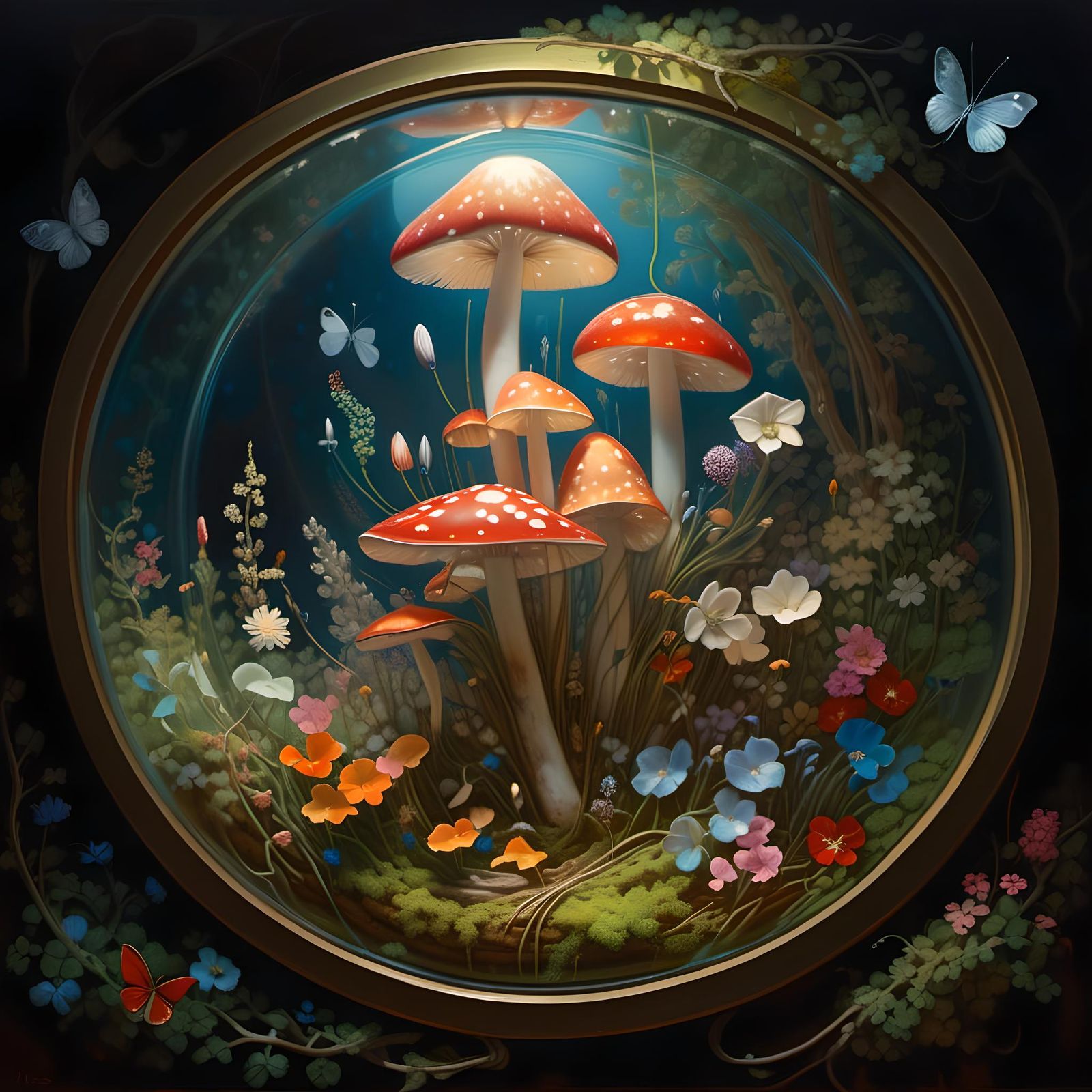 Magical Terrarium with Mushroom Portal, Detailed Oil Paintin...