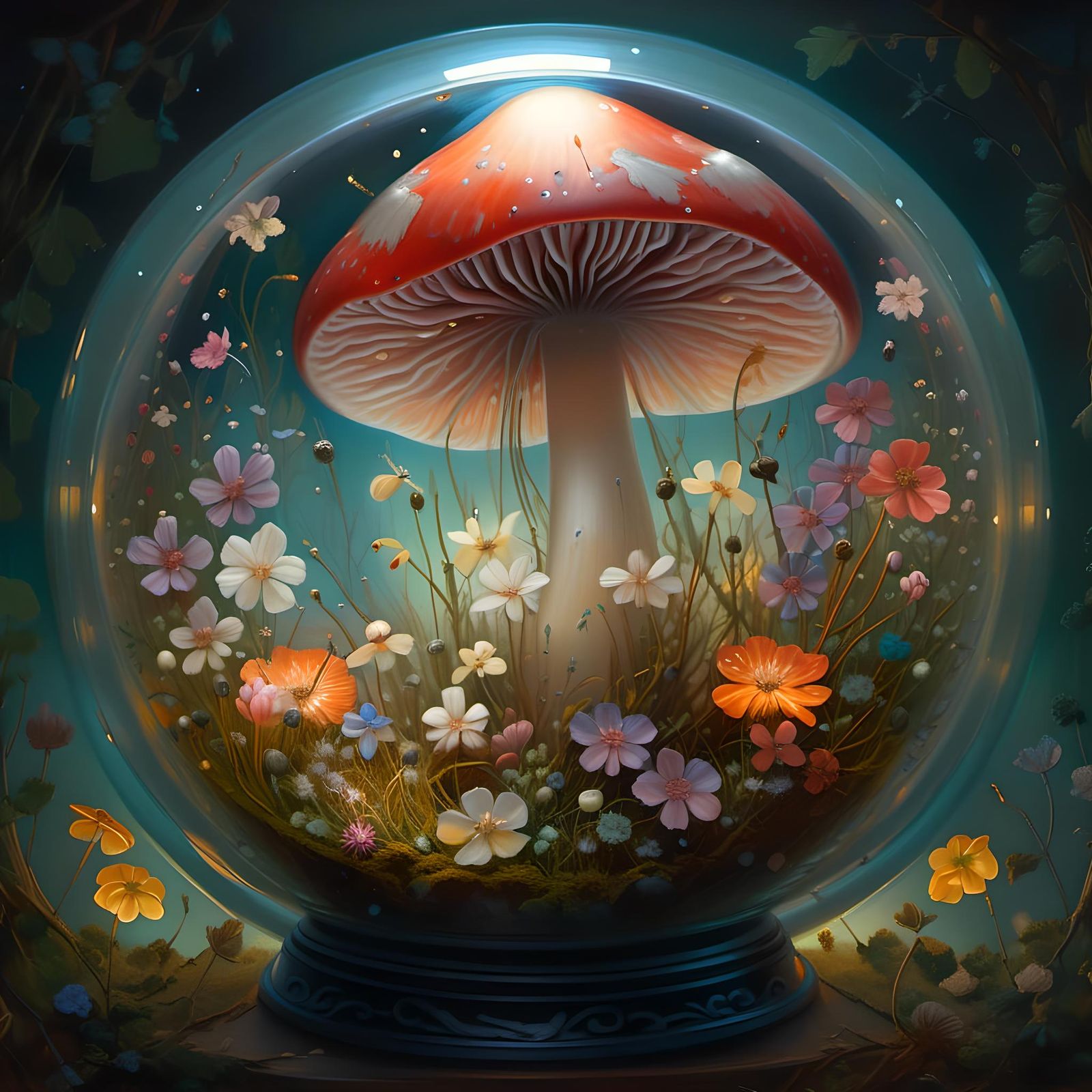 Magical Terrarium with Mushroom Portal in Oil Painting Style