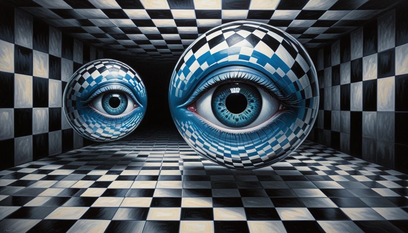 Surreal Eyes Emerge from Vibrant Checkerboard