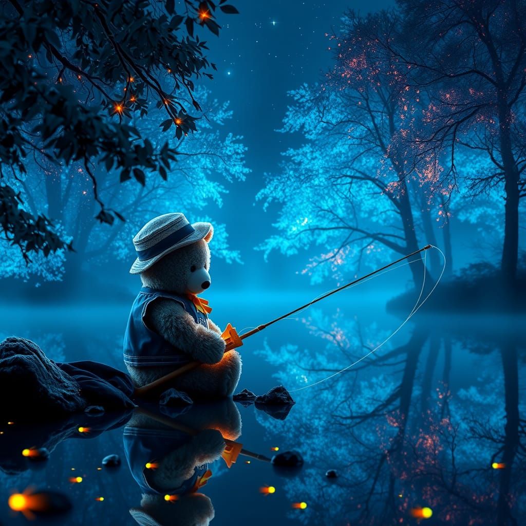 Teddy Bear Fishing in Ethereal Glowing Pond