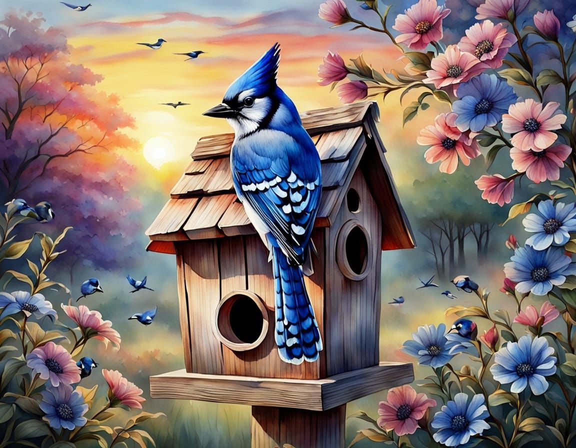 Whimsical Watercolor Birdhouse Scene with Blue Jay