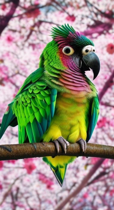 Conures in Cherry Blossom Tree: Hyperrealist Splash Art