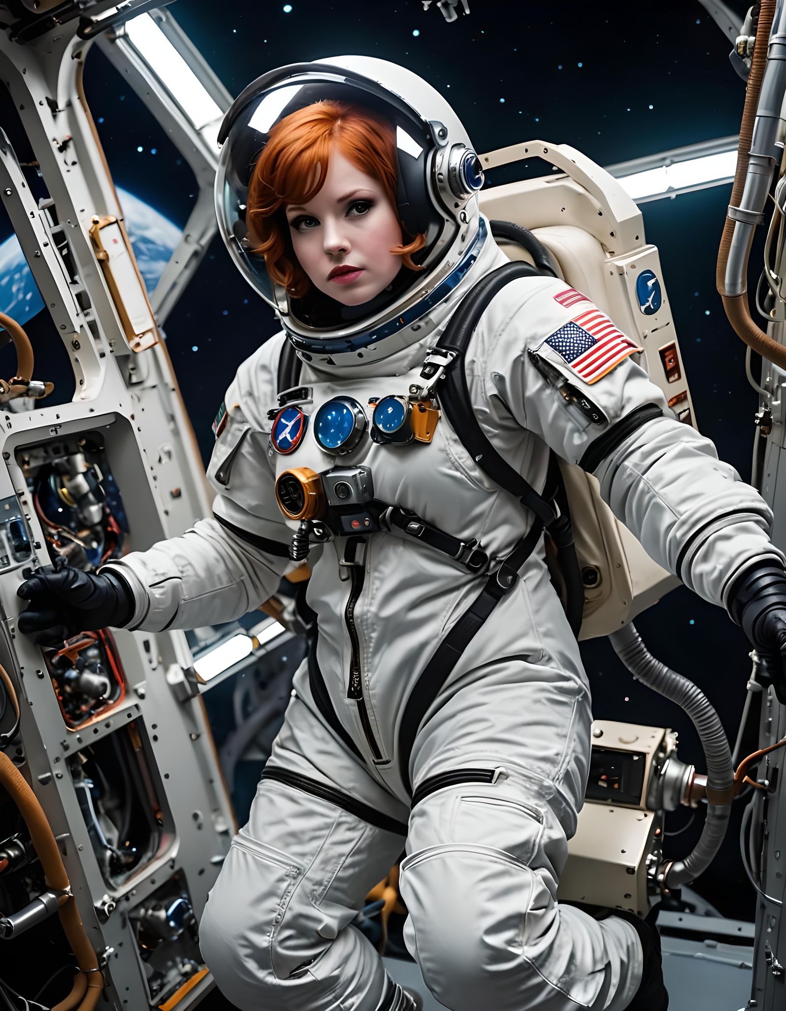 Redhead Astronaut in Apollo Suit Orbiting Saturn