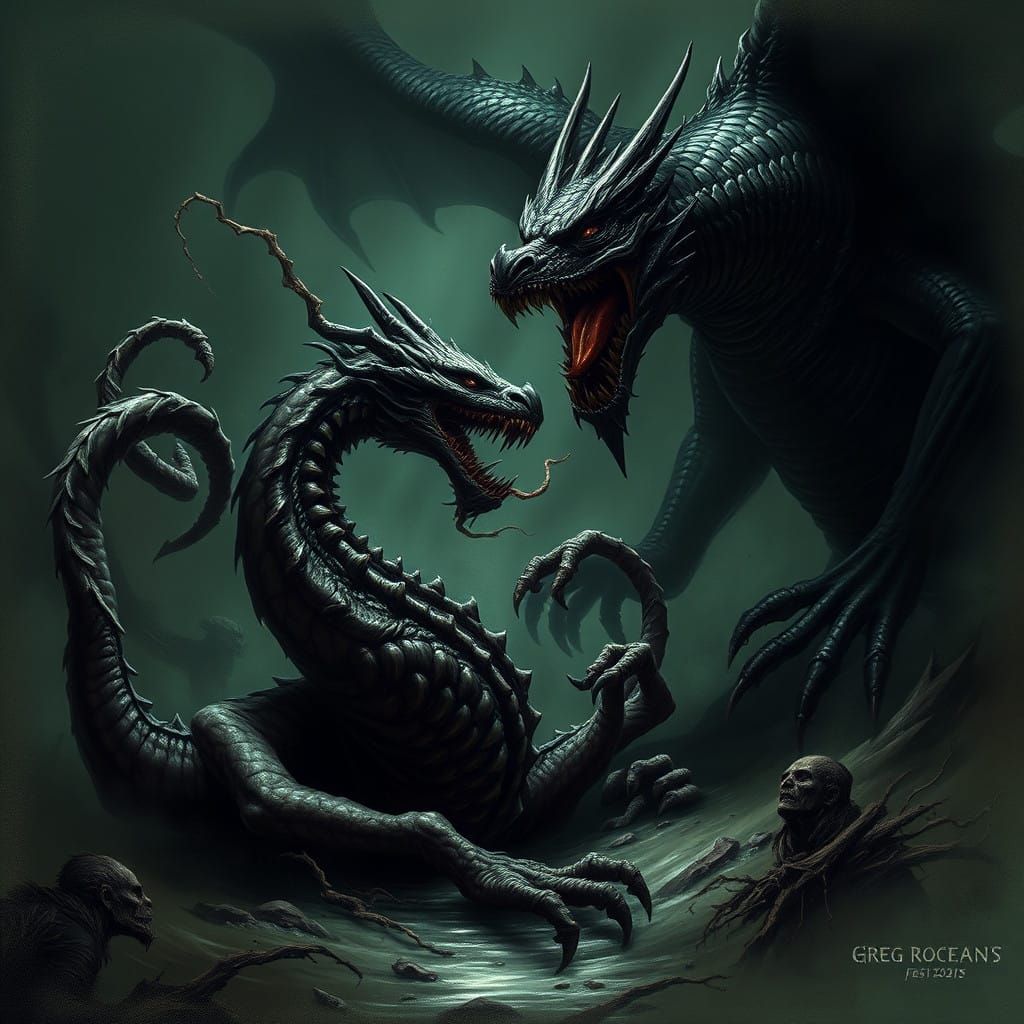 Twisted Creature Battles Fierce Dragon in Dark, Gothic Lands...