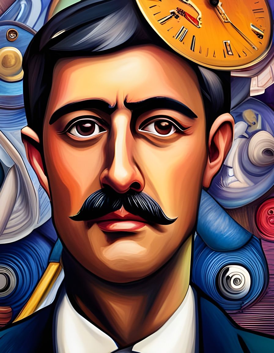 Hyperrealistic Portrait of Marcel Proust with Clock