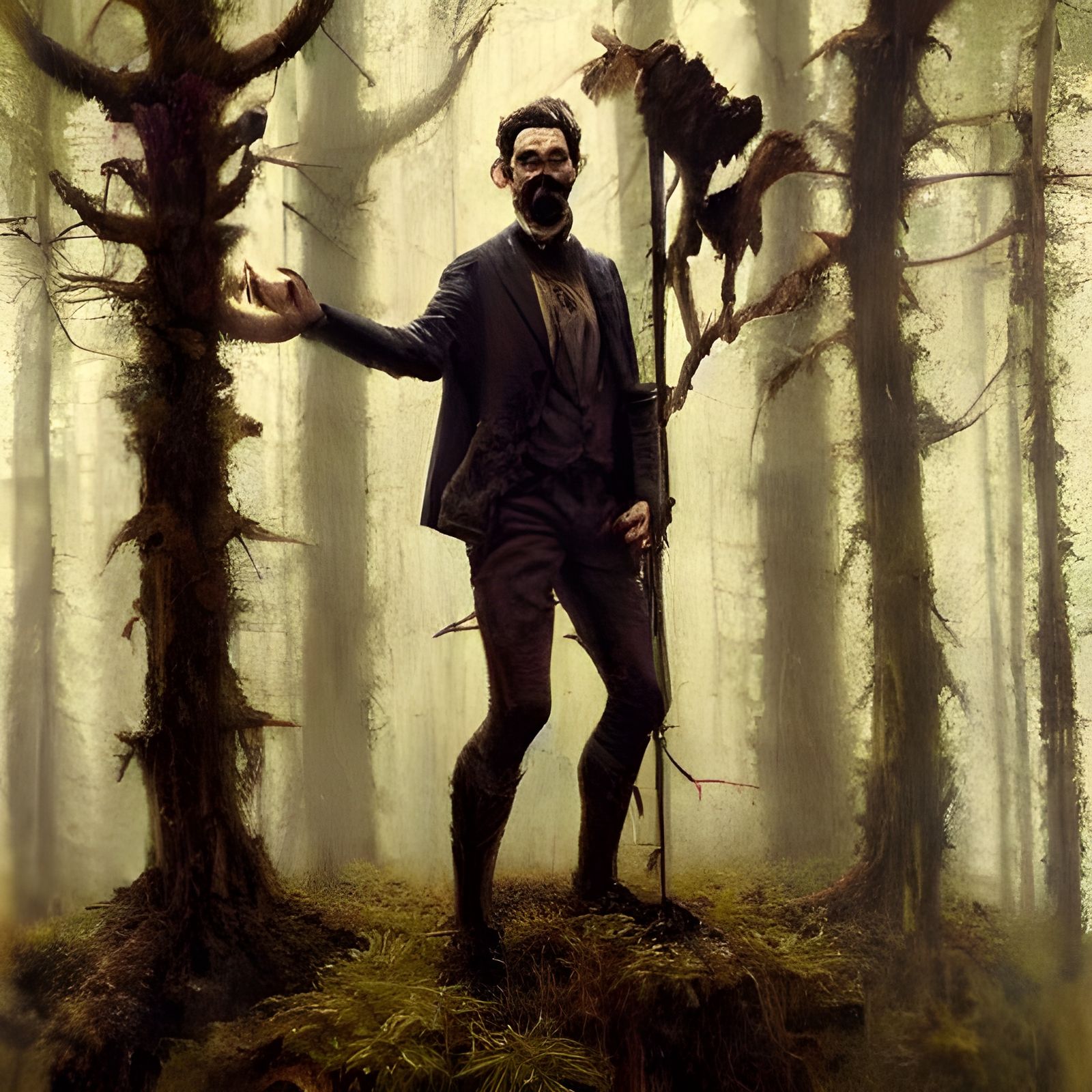 Human Stag Hybrid in Forest, Detailed Painting