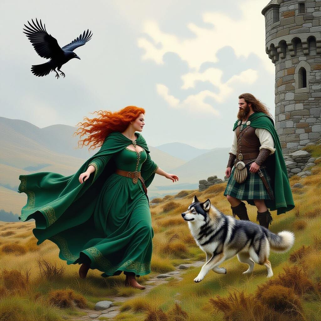 Celtic Woman and Wolf in Scottish Moors Landscape