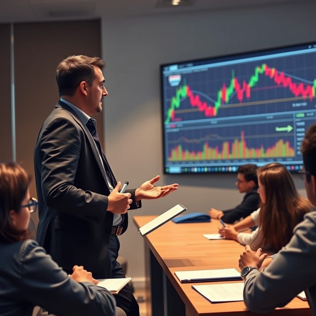 Confident Trader Explains Forex Chart to Admiring Students