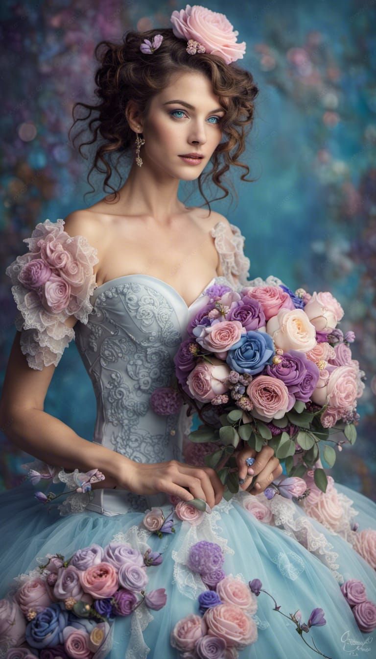 Brunette in Rose Ball Gown, Rococo Pastel Art