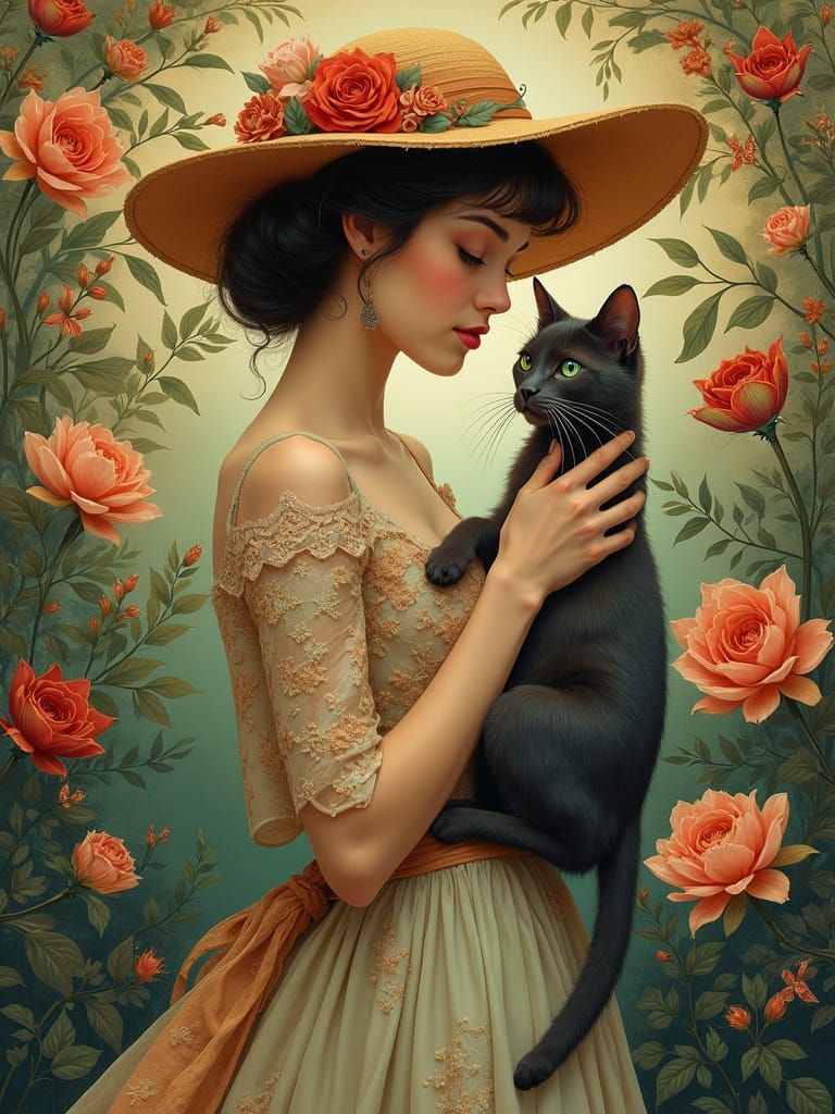 Elegant Woman in Art Nouveau Floral Scene with Whimsical Cat