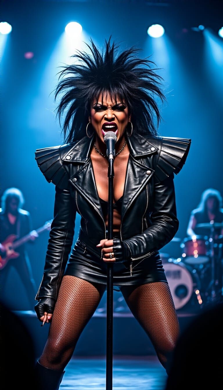 Powerful Rock Diva on Stage in 1980s Style
