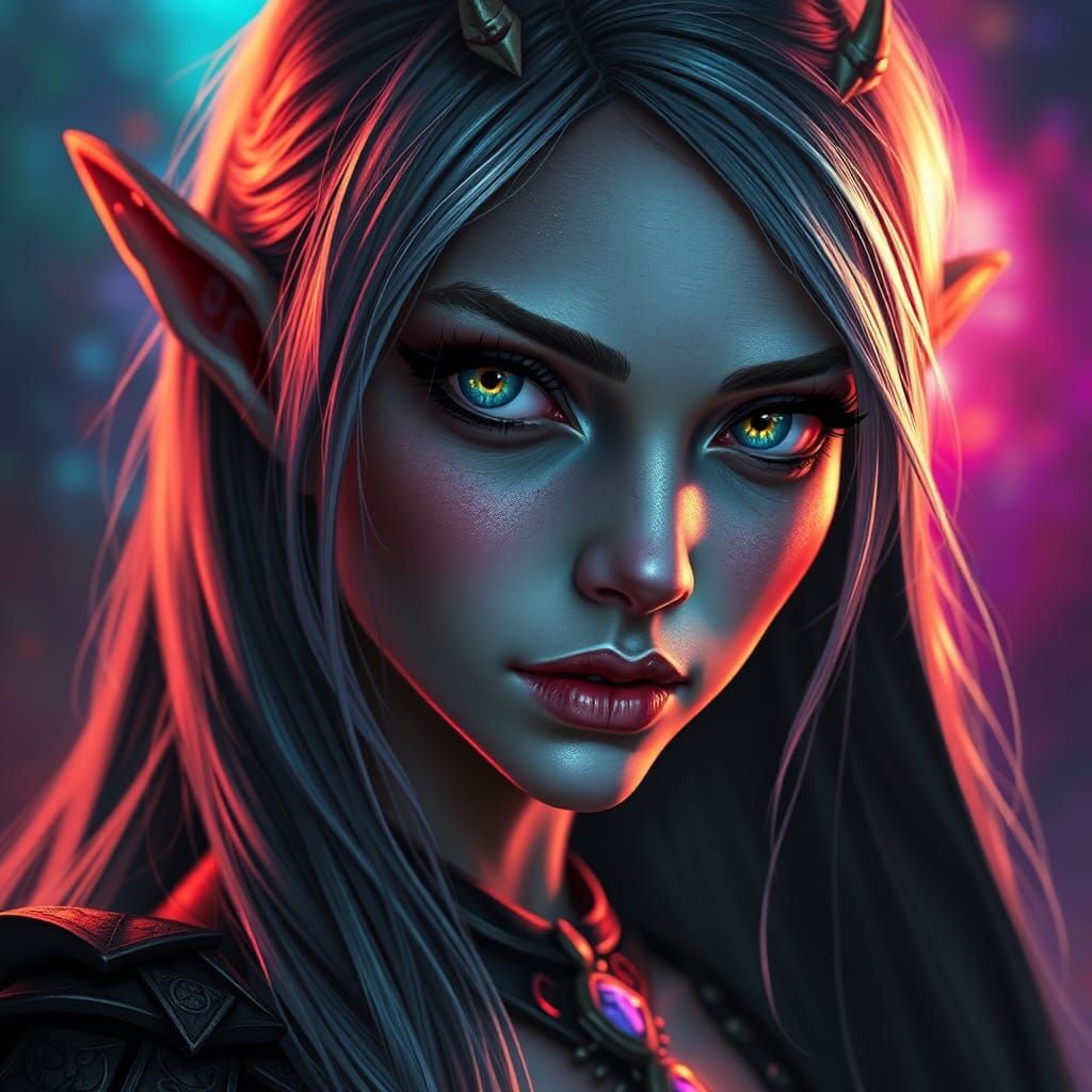 Hyperrealistic Drow Elf Portrait in Splash Art Style