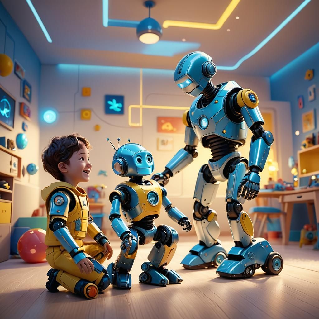 Robot Toy and Child, Pixar-Inspired Concept Art