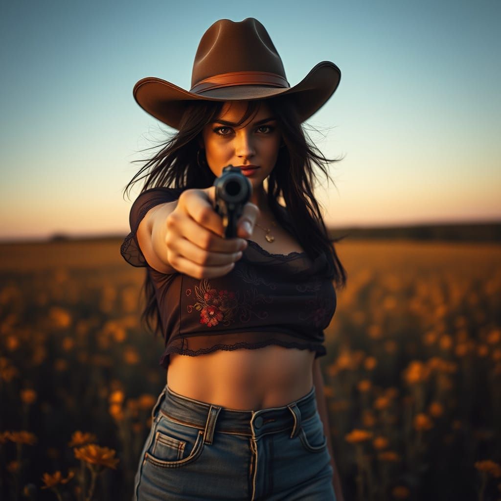 Defiant Gunslinger in Dusky Flower Field