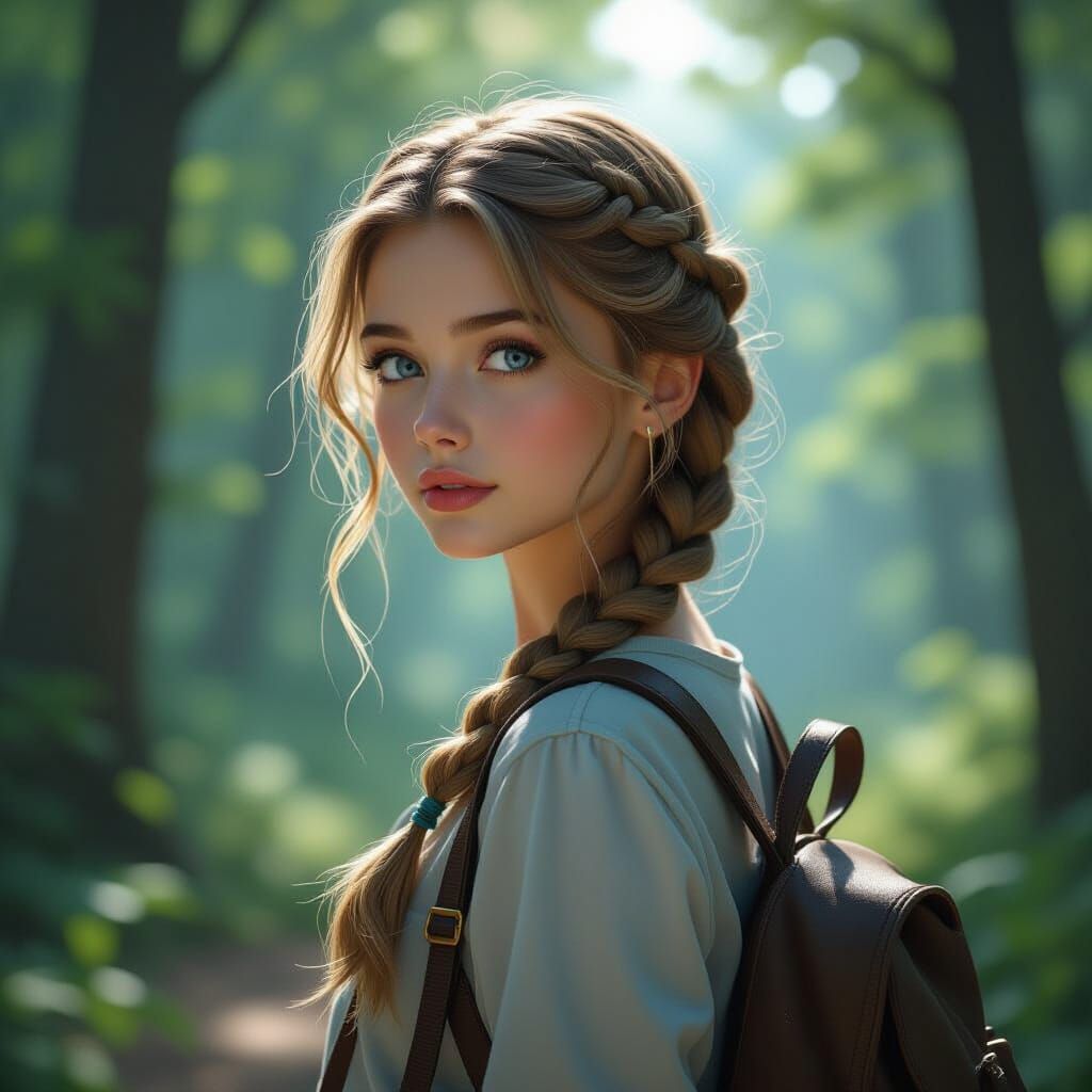 Blonde Girl with Backpack in Forest, Fantasy Concept Art
