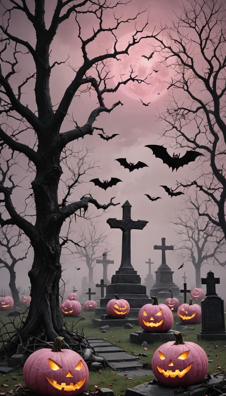 Pink Halloween Pumpkins Graveyard Scene