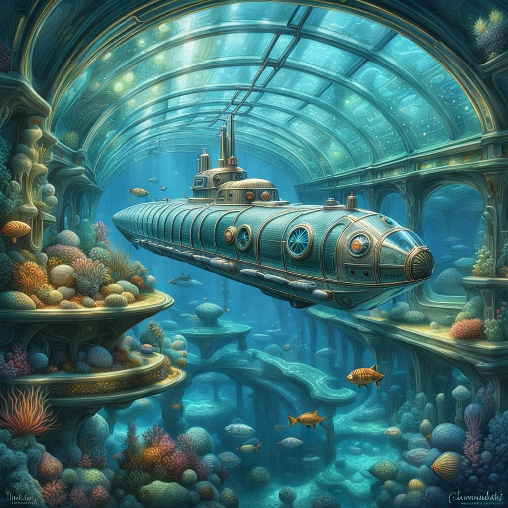 Futuristic Decopunk Submarine in Underwater Scene