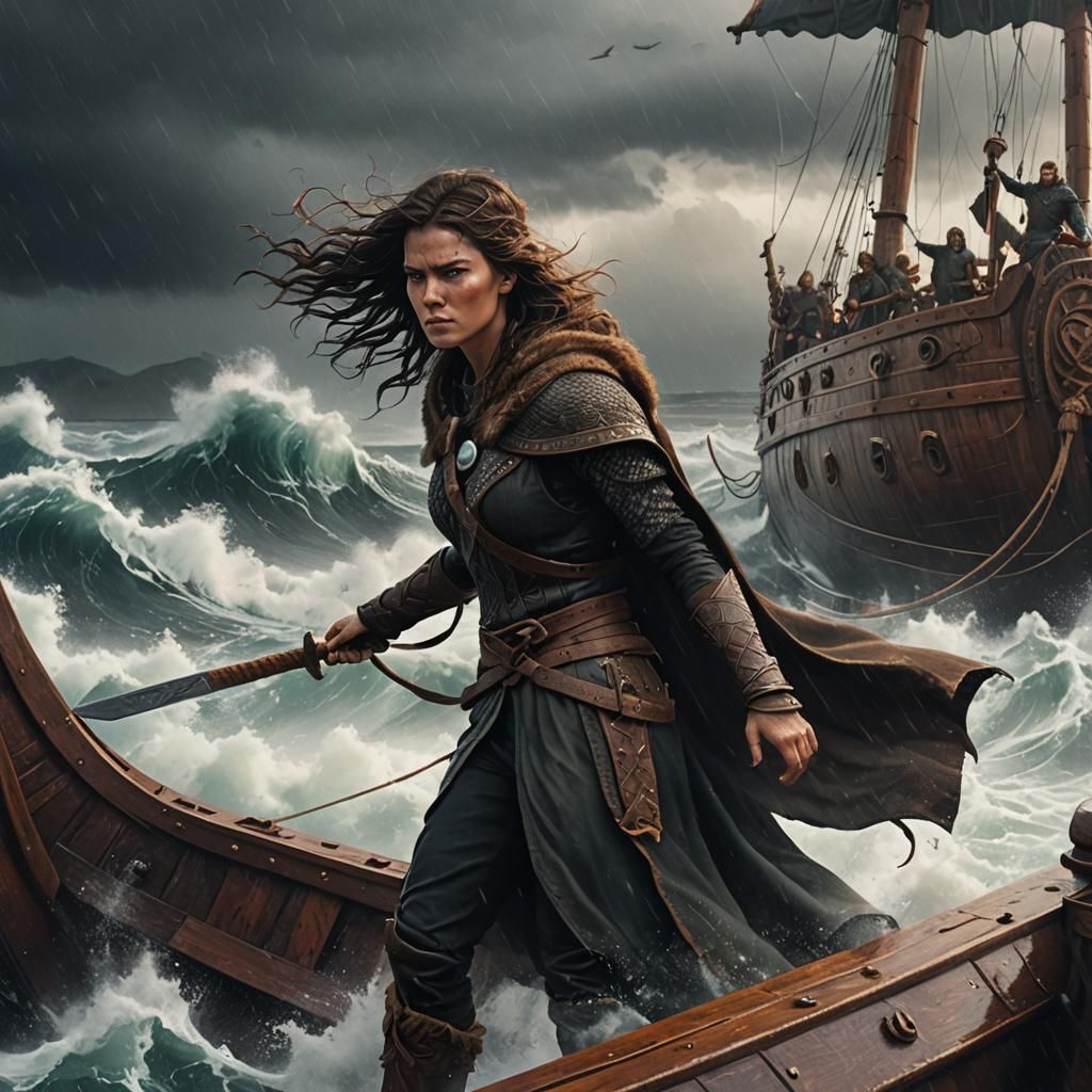 Viking Woman Battles Stormy Seas as Concept Art