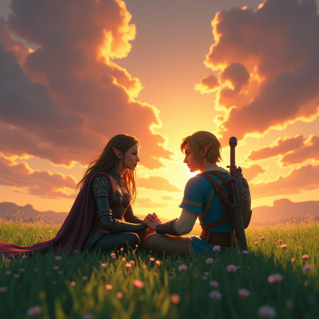 Midna and Link in Sunset Meadow, Fantasy Art