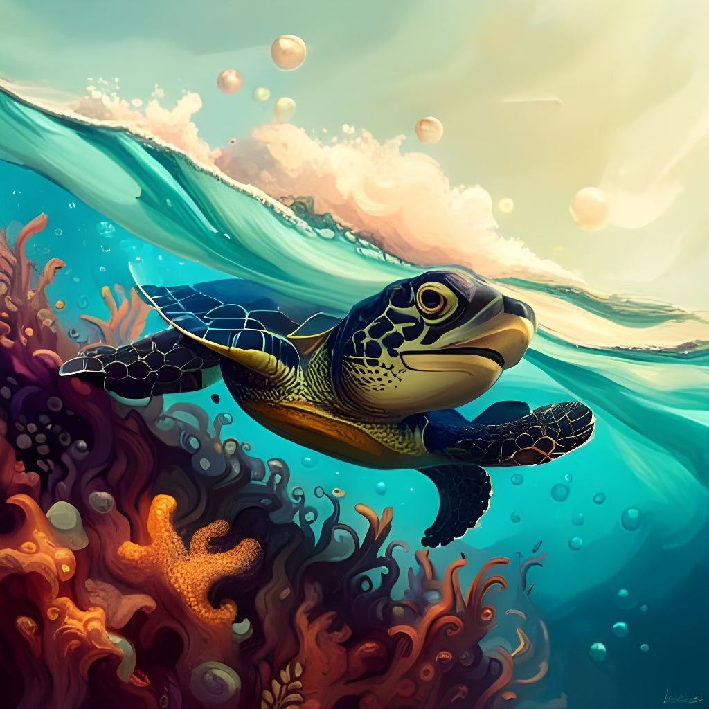 Adorable Baby Turtle in the Sea, Hyperrealistic