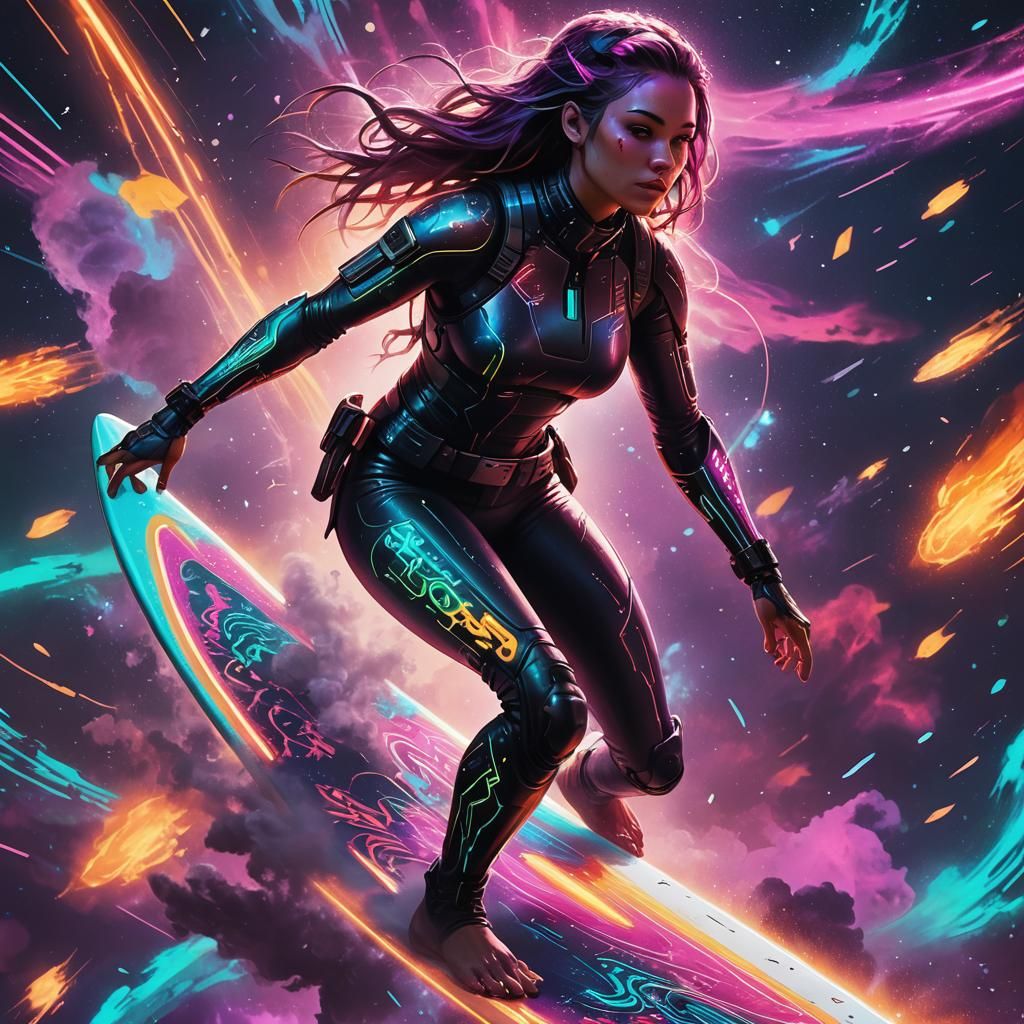Space Surfer Girl with Cybernetic Tattoos in Cyberpunk Style